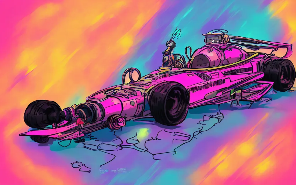 Prompt: an retrowave cyberpunk formula car on the mars, pastel, colorful, bright, cartoony, digital art