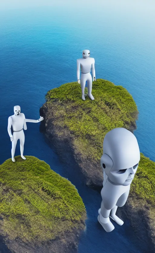 Prompt: artifical intelligence stands on island in human appearance, virtual reality, minimalistic, 4k,