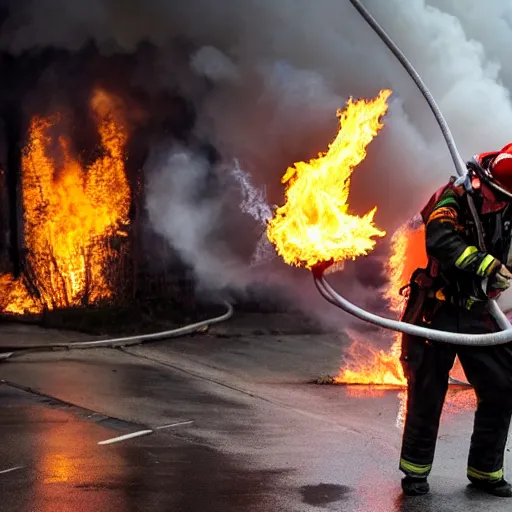 Image similar to photo of a firefighter using a flamethrower. award-winning, highly-detailed