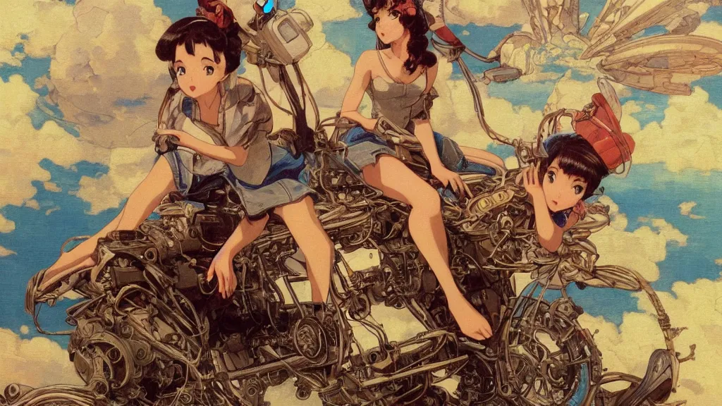 Prompt: a film still of a 1 9 5 0's mechanic anime girl sitting on top of flying ufo, intricate linework, sharp focus, finely detailed features, full body mid shot, perfect art, highly detailed faces,, painted by gaston bussiere, makoto shinkai, akihiko yoshida, gaston bussiere, craig mullins, studio ghibli