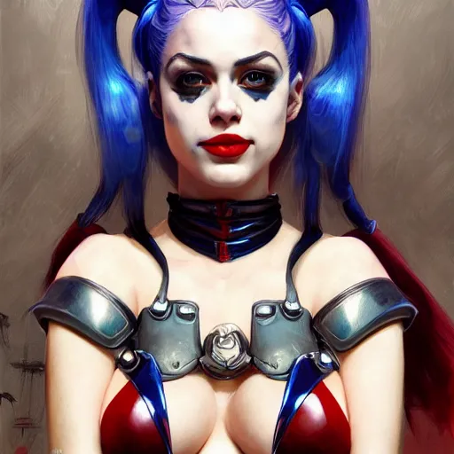 Prompt: a portrait of Harley Quinn in bikini armor, Warhammer 40000, cyberpunk, intricate, elegant, highly detailed, digital painting, trending on artstation, concept art, smooth, sharp focus, illustration, art by Ruan Jia and Mandy Jurgens and Artgerm and william-adolphe bouguereau and greg rutkowski and alphonse mucha