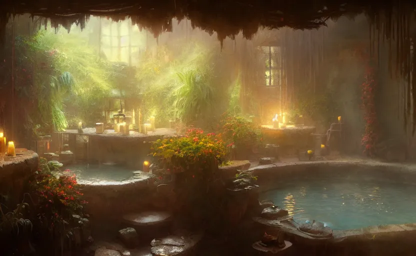 Image similar to painting of an interior of a hot spring with candles, fantasy, lush plants and flowers, natural light, concept art, by greg rutkowski and craig mullins, cozy atmospheric and cinematic lighting, trending on artstation