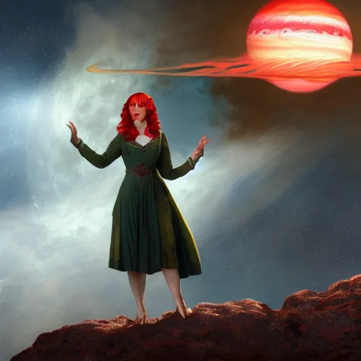 Prompt: a highly detailed matte painting of christina hendricks as a red haired wizard, standing on the moon titan and looking at jupiter, viewed in profile, crackling green lightning, ultrawide lens, art by artgerm and greg rutkowski and alphonse mucha, volumetric lighting, octane render, 4 k resolution, trending on artstation, masterpiece