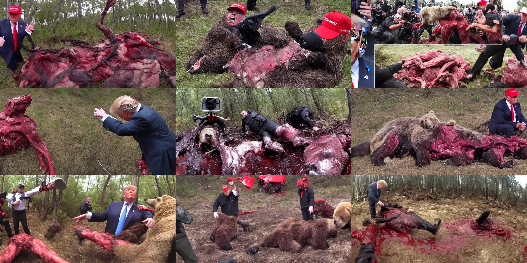 Prompt: gopro footage of donald trump getting mangled in a bear trap, blood and bone, wet shredded red meat
