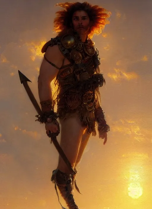 Prompt: portrait painting of a male barbarian, soft hair steampunk ornate zeppelin in the sky sunset golden hour art by greg rutkowski gaston bussiere fantasy soft hair trending on artstation deviantart book cover art concept art key art dramatic volumetric lighting, 4 k, award winning