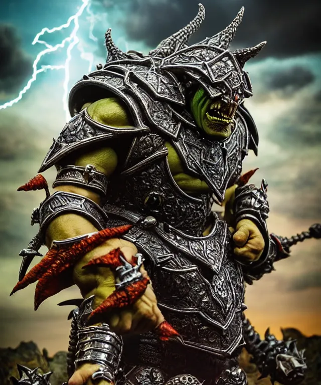 Image similar to hyperrealistic rendering, epic boss battle, ornate supreme orc goblin overlord, jewel crown, war armor battle, by art of skinner and richard corben, product photography, collectible action figure, sofubi, hottoys, storm clouds, outside, lightning