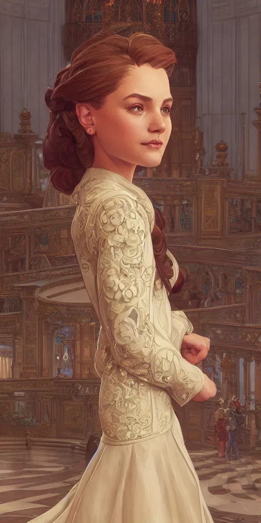 Image similar to mayors beautiful daughter, elegant dress, town hall, intricate, highly detailed, digital painting, artstation, concept art, smooth, sharp focus, illustration, Unreal Engine 5, 8K, art by artgerm and greg rutkowski and alphonse mucha, by Jesper Ejsing