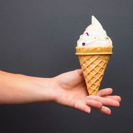 Prompt: a human hand sculpted from ice cream with a cone for an arm