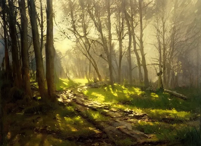 Image similar to oil painting of medieval forest path in dawn by anders zorn, wonderful art by greg rutkowski, incredible lighting, shadows, beautiful cinematic light, american romanticism by greg manchess, tall rocky mountains and storm clouds, sun rays, sunshine, bright sunny summer day, stone walls and wooden fences, meadow