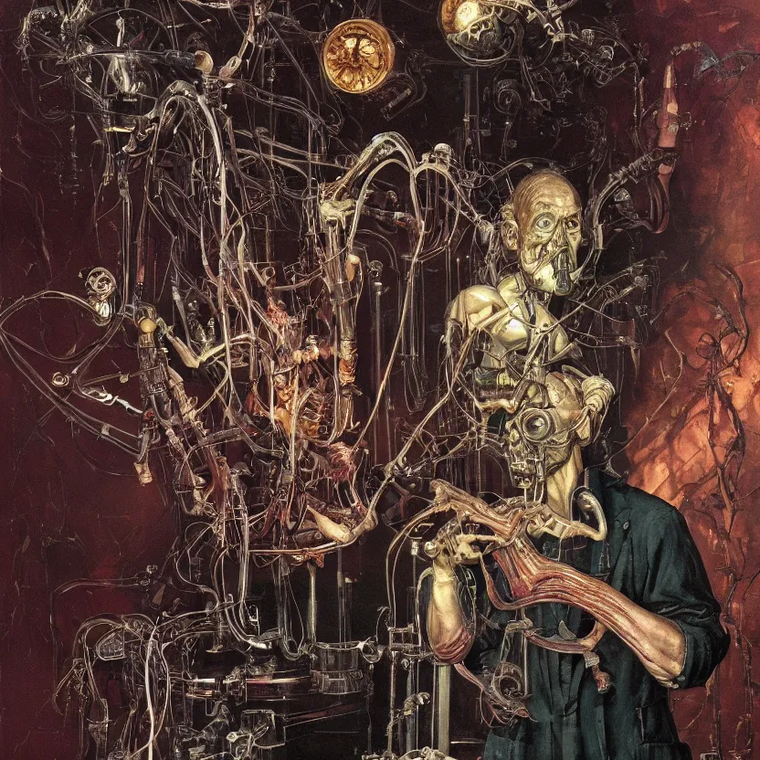 Prompt: baroque neoclassicist colorful sci - fi portrait of mad scientist's anatomy. reflective detailed textures. gloomy atmosphere, black background. highly detailed fantasy science fiction painting by, moebius, norman rockwell, frank frazetta, and syd mead. high contrast. artstation