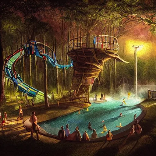 Prompt: waterpark in the woods with waterslides and lightning bugs painting by brain froud, charles vess, cinematic lighting, epic composition, highly detailed