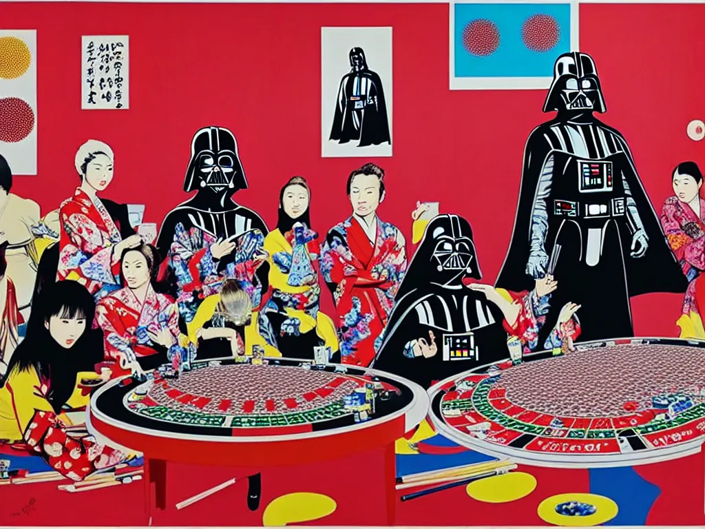 Prompt: hyper - realistic composition of a large room with an extremely detailed poker table in the center, woman in traditional japanese kimono standing nearby, darth vader sitting at the table, fireworks in the background, pop art style, jackie tsai style, andy warhol style, acrylic on canvas, dull palette