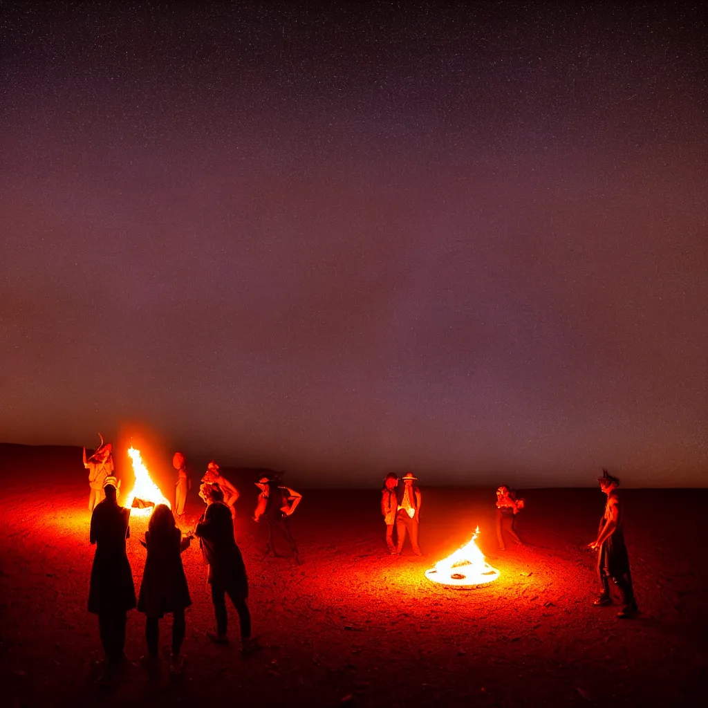 Prompt: atmospheric long exposure night photograph of three ravers, two men, one woman, woman is in a trenchcoat, blessing the soil at night, people facing fire circle, two aboriginal elders, dancefloor kismet, diverse costumes, clean composition, starlight bokeh, desert transition area, bonfire, atmospheric night, australian desert, symmetry, sony a 7 r