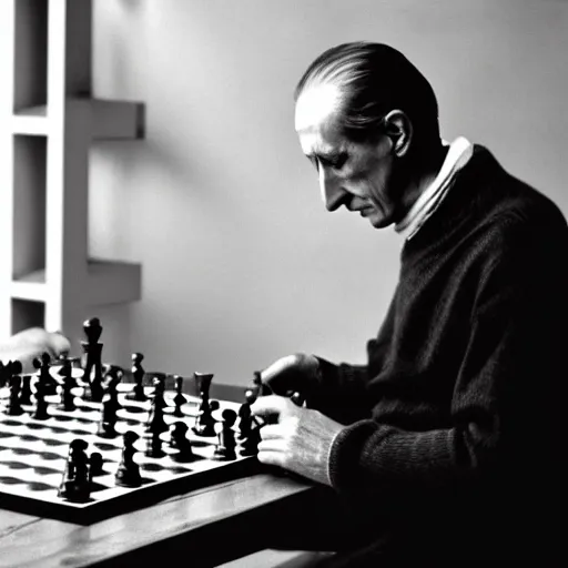 Prompt: a long exposure shot of Marcel Duchamp working on a chess readymade object, archival pigment print