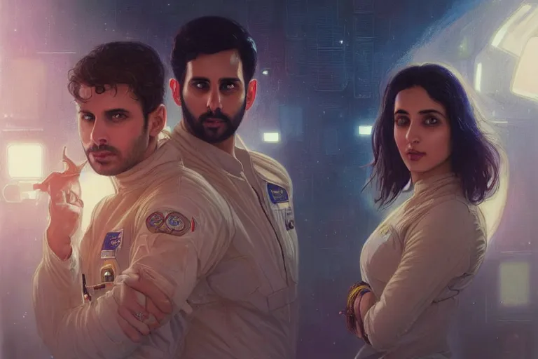 Image similar to Sensual good looking pale young Indian doctors wearing Blade Runner 2049 clothing in a space station above Earth, portrait, elegant, intricate, digital painting, artstation, concept art, smooth, sharp focus, illustration, art by artgerm and greg rutkowski and alphonse mucha