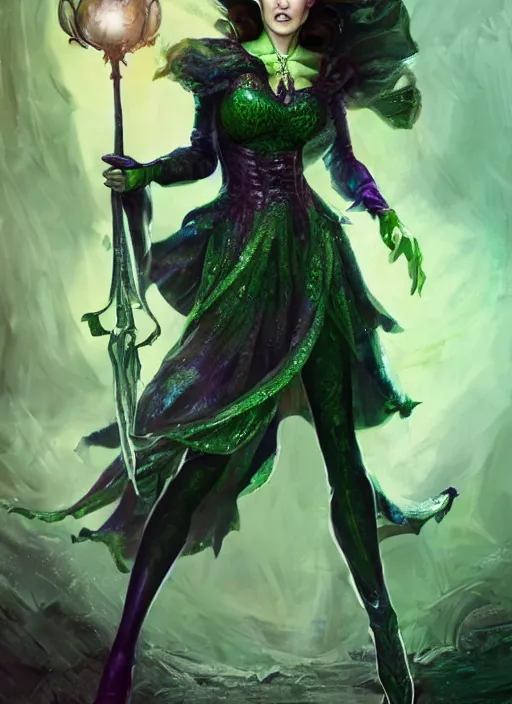 Image similar to beautiful female wicked witch, milla jovovich as the wicked witch of the west, full body character concept, armor, super powers, fantasy, intricate, elegant, highly detailed, digital painting, artstation, concept art, shining, sharp focus, illustration, art by stanley lau