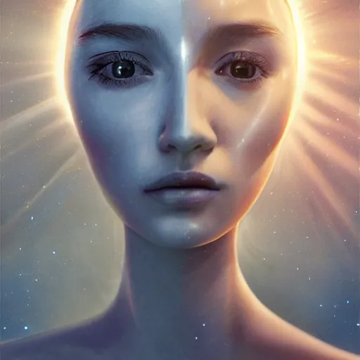 Prompt: 3 d, sci - fi, close - up, night, sleepy fashion model face, moon rays, cinematic, clouds, sun rays, vogue cover style, poster art, blue mood, realistic painting, intricate oil painting, high detail illustration, figurative art, multiple exposure, poster art, 3 d, by tooth wu and wlop and beeple and greg rutkowski