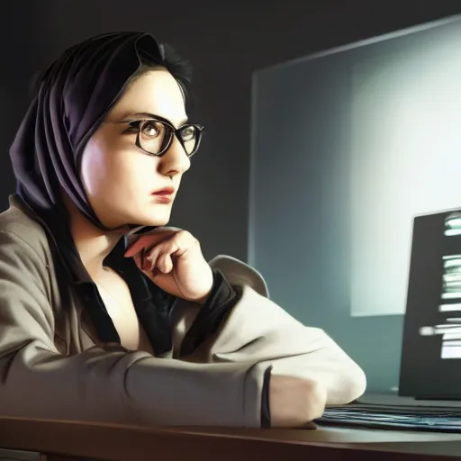 Image similar to a Portrait of a hacker, by ASMA, by Irina French, by Lim Chuan Shin, by Małgorzata Kmiec, computer screens in the background, trending on Artstation, dark, dramatic, cinematic, realistic studio lighting, realistic reflections, 4k, professional, canon