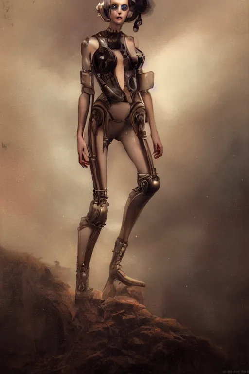 Image similar to By Tom Bagshaw, Abstract tech, a very beautiful steampunk female in bodysuit, ruins by night, symmetric body features proportions, horror, volumetric clouds and fog, focus, detailed, realistic eyes looking at camera, symmetric body features proportions, golden ratio, intricate details, award winning, unreal render, by Tom Bagshaw