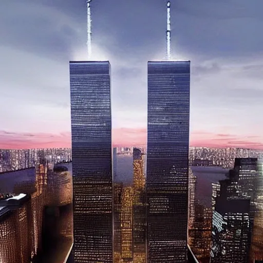 Prompt: the twin towers of the world trade center in 2 0 2 2, night, hyper realistic
