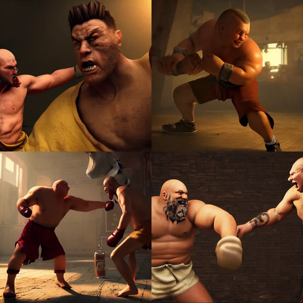 Prompt: short fantasy character monk man punching a monster greased up, only wearing tattered shorts portly and muscular, hyper realism, moving quickly dramatic ambient lighting, cinematic, high detail, 8k, octane render, depth of field