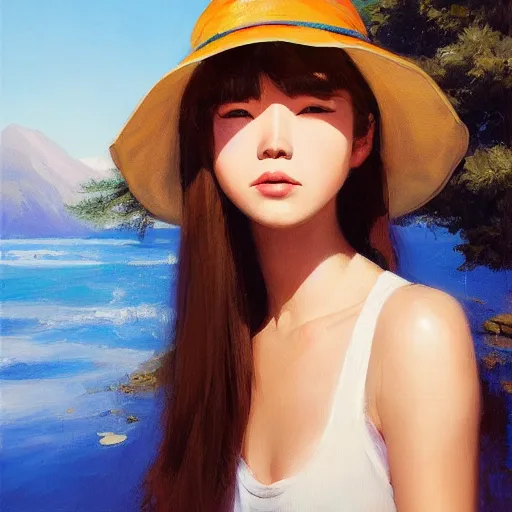 Image similar to oil painting by ilya kuvshinov,, baugh casey, artgerm craig mullins, coby whitmore, of a youthful japanese girl, long hair, fisherman's hat, highly detailed, breathtaking face, studio photography, noon, intense bounced light, water reflection, large tree casting shadow, serine intense sunlight