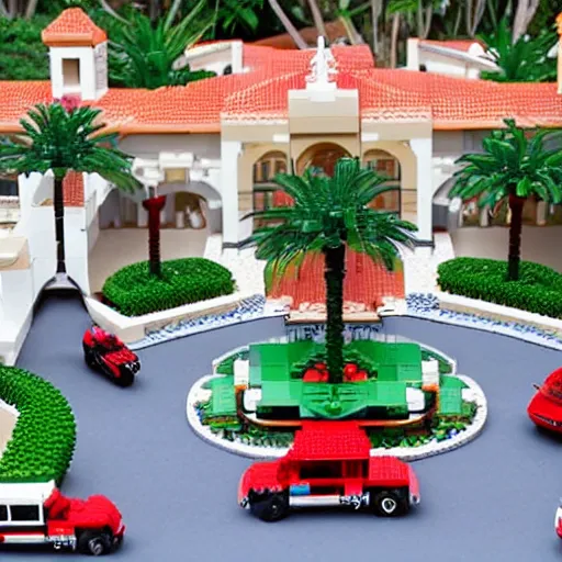 Prompt: mar - a - lago mediterranean - style villa red roof palm beach fbi police vehicle raid lego set laid out