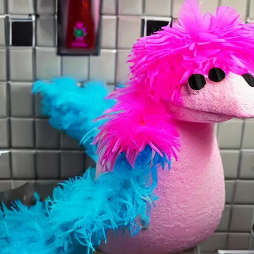 Image similar to hot pink feather boa muppet in bubble bath