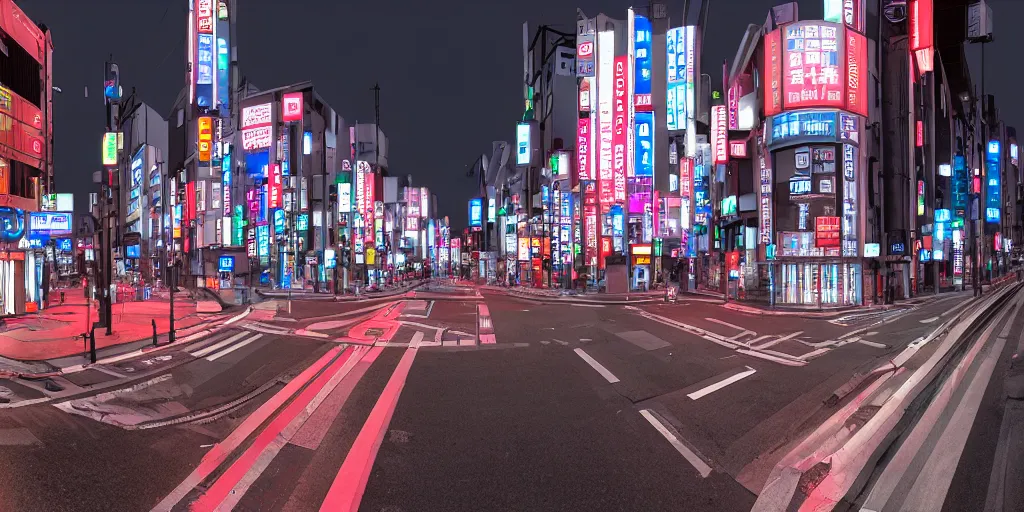 Image similar to HDRI panorama, Tokyo at night, neon lights, street signs, street lights, traffic lights, featured on artstation