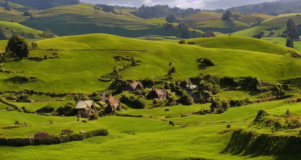 Image similar to verdant valley and rolling hills, hobbiton, middle earth, storybook illustration