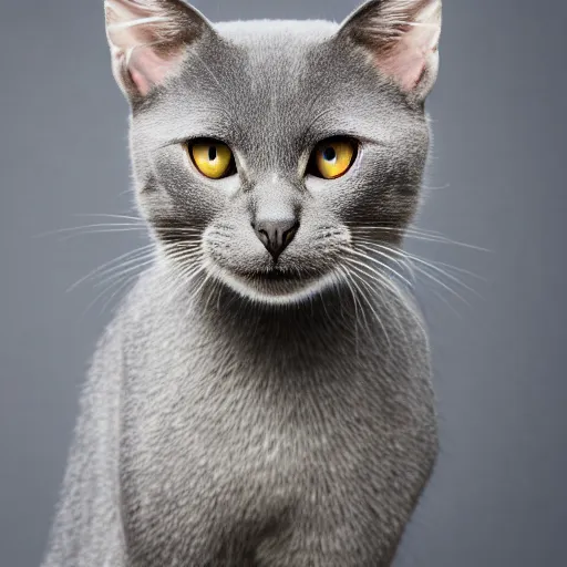 Image similar to portrait of an antropormorphic gray cat using with clothes, (EOS 5DS R, ISO100, f/8, 1/125, 84mm, postprocessed, crisp face, facial features)