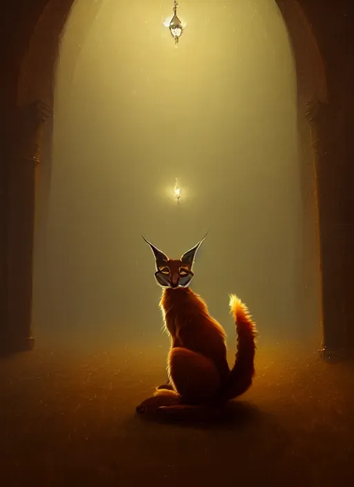 Image similar to surrealistic portrait of cute fluffy anthropomorphic caracal in golden clothes wearing vr in orthodox church, bokeh, foggy, dynamic lighting, darkness, ambients, dramatic, foggy, heavy bokeh and blur, cinematic, depth of field, art by bussiere rutkowski andreas rocha