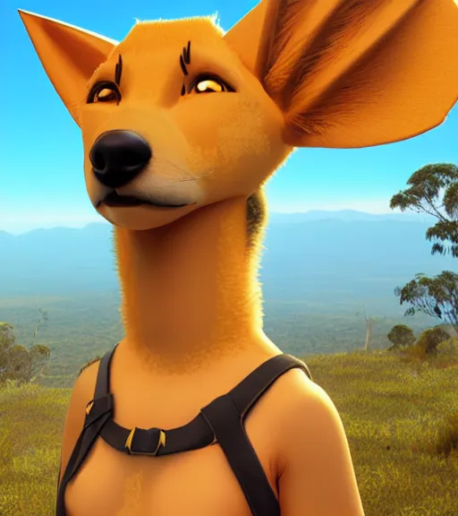 Image similar to stylized three quarters portrait concept art of the anthro anthropomorphic dingo dog head animal person fursona wearing clothes hiker adventurer standing in australia outback, hidari, color page, tankoban, 4 k, tone mapping, akihiko yoshida, clean bright happy