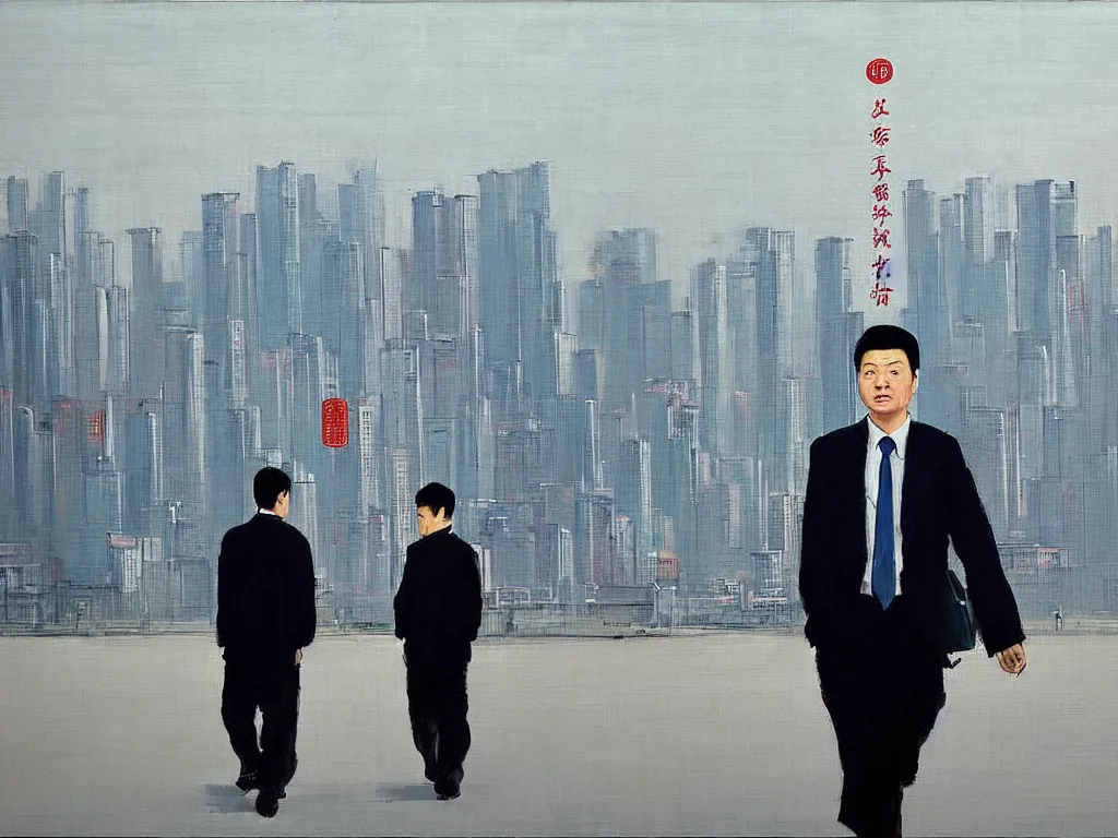 Prompt: ‘The Center of the World’ (Liu Xiaodong style painting) was filmed in Beijing in April 2013 depicting a white collar office worker. A man in his early thirties – the first single-child-generation in China. Representing a new image of an idealized urban successful booming China.