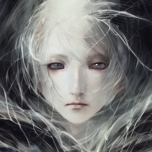 Image similar to yoshitaka amano blurred and dreamy realistic illustration of an anime girl with wavy white hair and cracks on her face wearing elden ring armour with the cape fluttering in the wind, abstract black and white patterns on the background, noisy film grain effect, highly detailed, renaissance oil painting, weird portrait angle