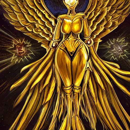 Prompt: Mechanical angel, golden wings, mechanical style, tarot, by dylan kowalski