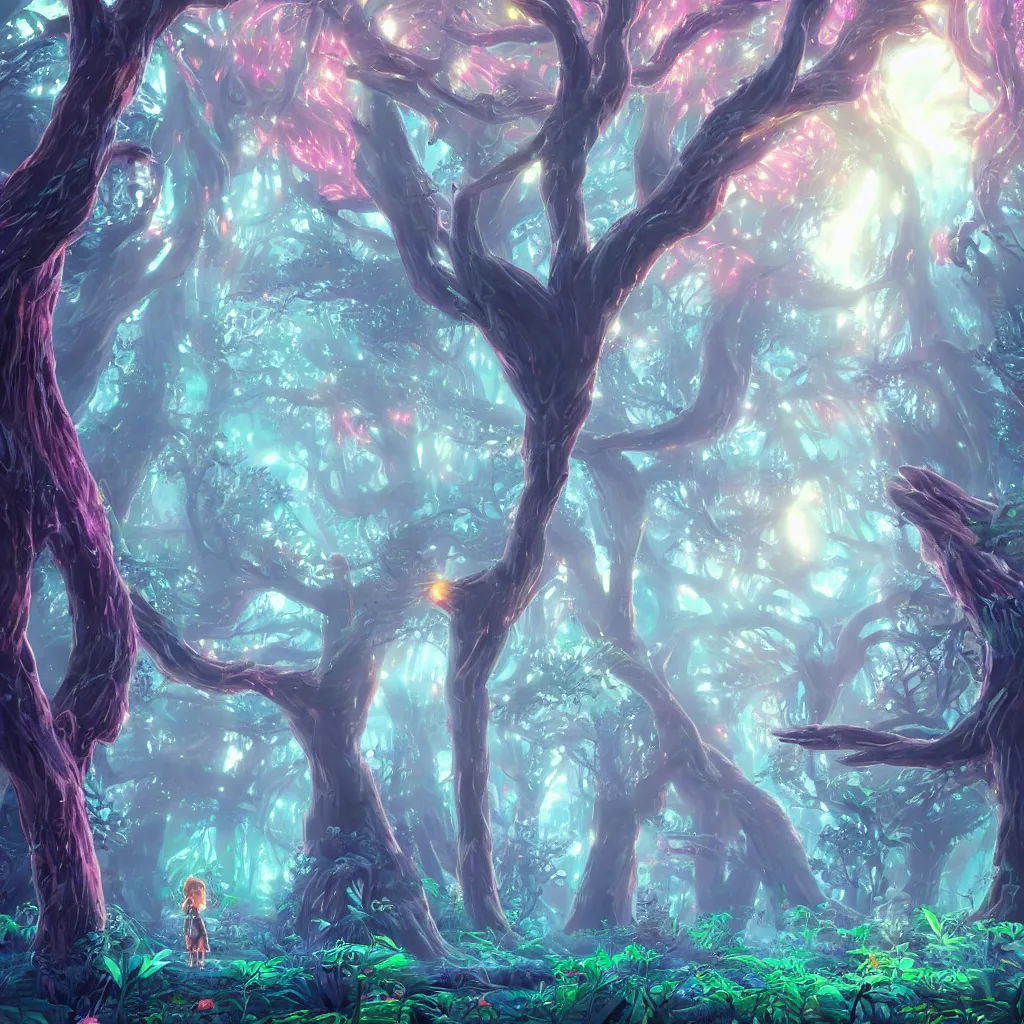 Prompt: huge trees, misty nighttime. radiating colorful energy. photorealistic, moody atmosphere, volumetric shading, holographic undertones, intricate and detailed, vivid dreamlike colors. ori and the blind forest, breath of the wild style, by miyazaki ghibli!!!. trending on artstation. award winning, daily deivation. pastel!! pink accents.