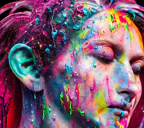 Image similar to still shot footage of a portrait of a female angel's head made of acrylic pour and coloured powder explosion and splashing paint and dripping paint and flying paint chunks, closing eyes, motion blur, hyperrealistic, medical, intricate art photography, anatomically correct, realistic crisp textures, 1 6 k