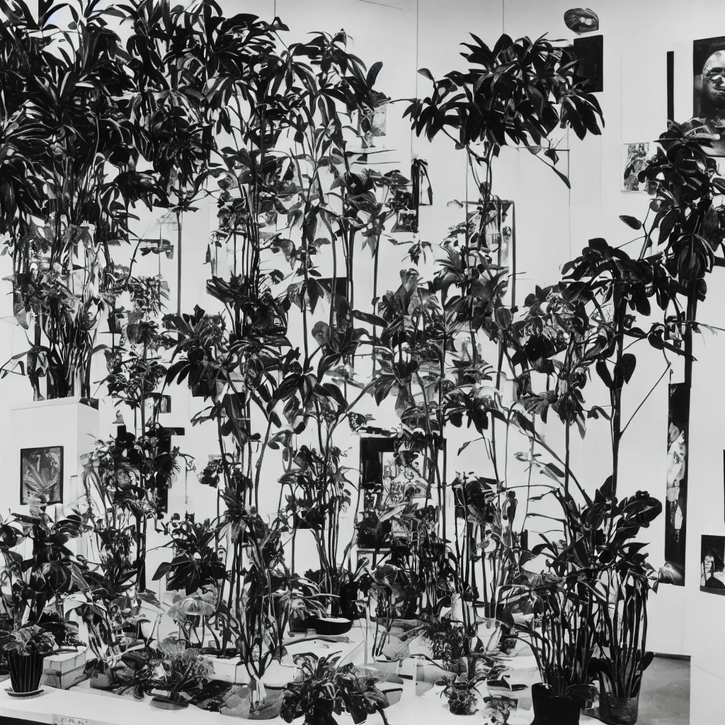 Image similar to A black and white photography of an exhibition space with works of Sun Ra, Marcel Duchamp and tropical plants, 60s, offset lithography print