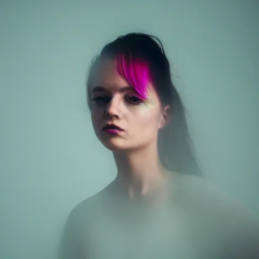 Image similar to photo of a woman. cyan and pink. moody and melanchonic.