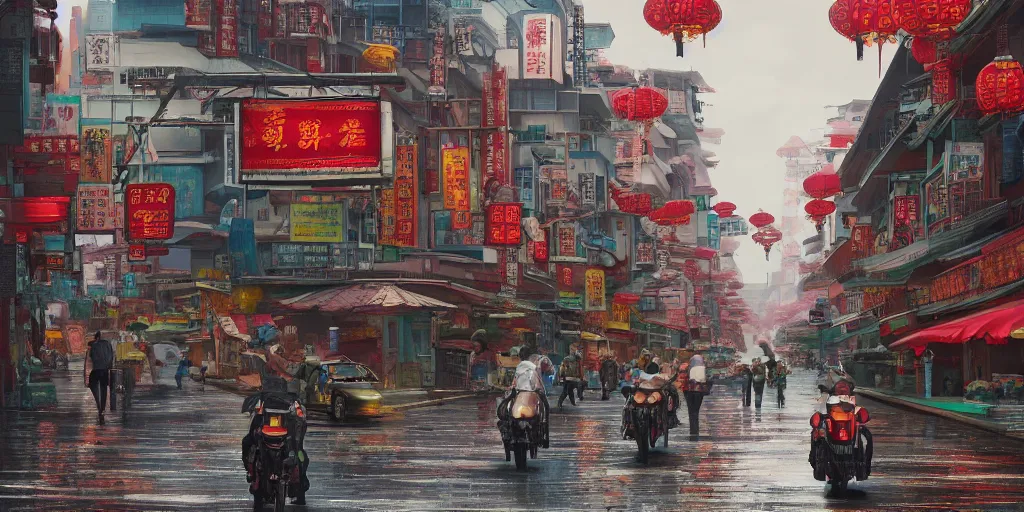 Image similar to a quiet petaling street in chinatown, kuala lumpur, pedestrians, cars, motorbikes, rainy day, matte painting, studio ghibli, artstation