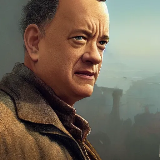 Image similar to a highly detailed matte portrait of tom hanks as a secret agent, epic fantasy, god rays, ultrawide lens, aerial photography, unreal engine, exquisite detail, 8 k, art by greg rutkowski and alphonse mucha