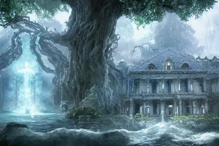 Image similar to the most amazing dream you ever had about mansion of elemental of water, hyper realistic, ambient lighting, concept art, intricate, hyper detailed, smooth, dynamic volumetric lighting, octane, cinematic