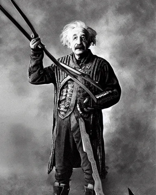 Image similar to albert einstein wearing daedric armor wielding a daedric battleaxe d & d detailed photo photorealistic