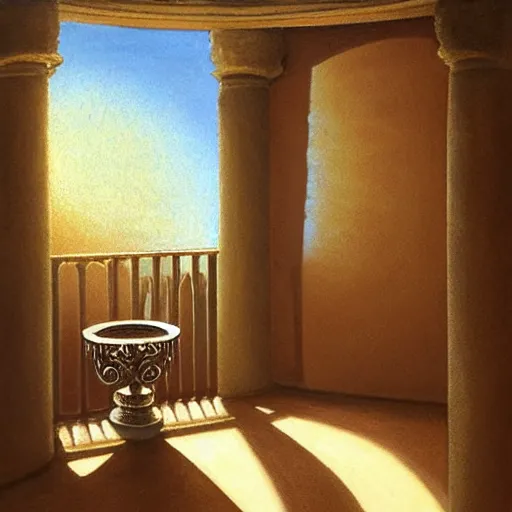 Image similar to still life painting of a room with a balcony. in the center lays an ancient holy artifact, shaped like torus ring, chromed and ornate with gentle iridescent shine from within. the ring lays on top of a pedestal. perspective from the side. realistic light and shadows. moody fantasy art, still life renaissance pastel painting.