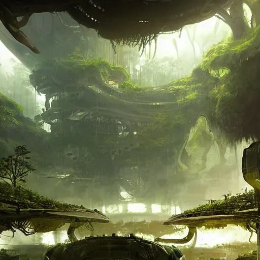 Image similar to epic alien jungle by greg rutkowski inside a giant laboratory by raymond swanland