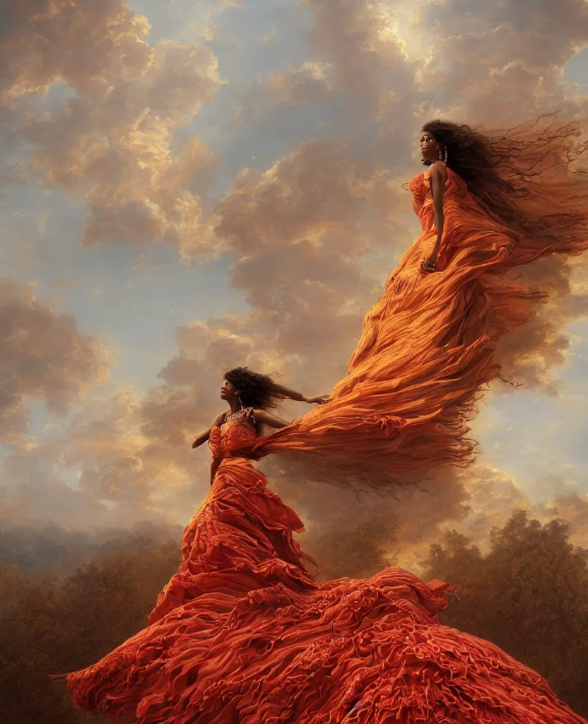 Prompt: a brown skinned queen with long dark curly hair and a red dress, windy, golden details, stars, stoic, modern, shes alone, maximalist fashion dress, hyperdetailed, dramatic, epic painting, painted by jean honore fragonard and greg rutkowski, full body, octane render, sharpness, 8 k, golden ratio