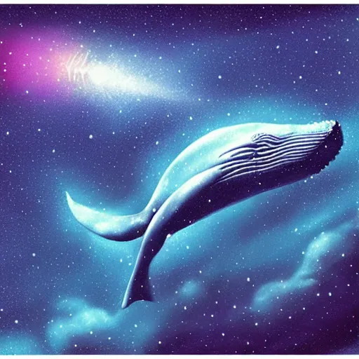 Image similar to portrait of whale swimming on a night sky, swimming across the universe, nebulae, oniric, dreamy, beautiful, highly detailed, cinematic, trending on artstation