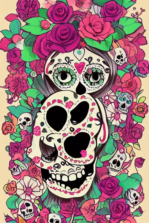 Prompt: Illustration of a sugar skull day of the dead girl, art by goro fujita