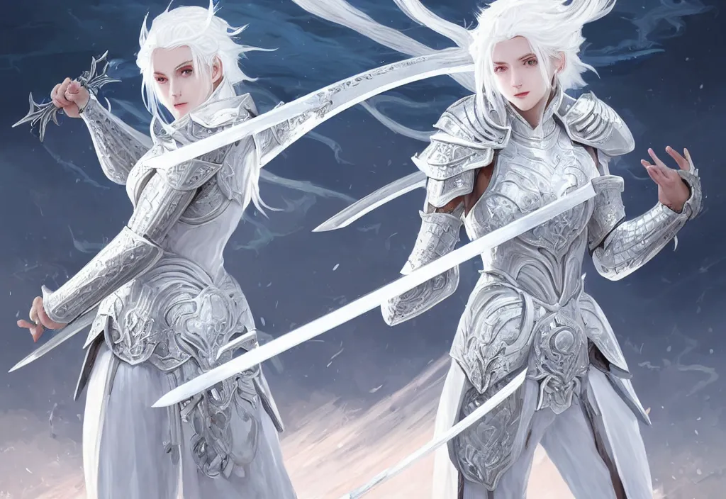 Image similar to white hair knights of zodiac girl wearing matt white ice color armor, kenjutsu dueling in ruined agora of athens sunrise, ssci - fi and fantasy, intricate and very beautiful and elegant, highly detailed, digital painting, artstation, concept art, smooth and sharp focus, illustration, art by tian zi and wlop and alphonse mucha